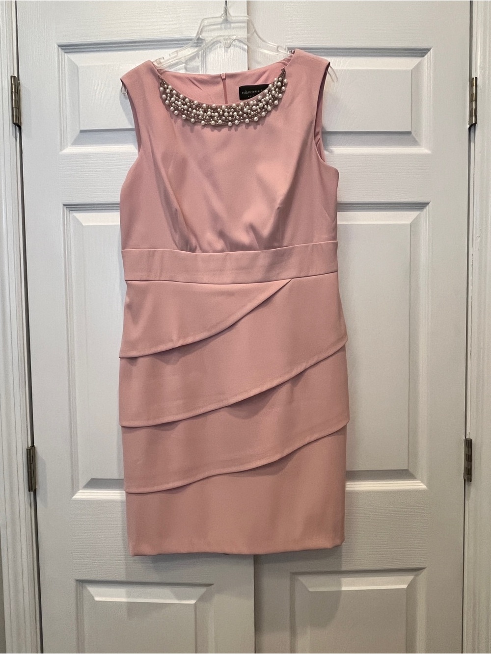 connected apparel Pink Pearl-Trim Layered Sheath Dress